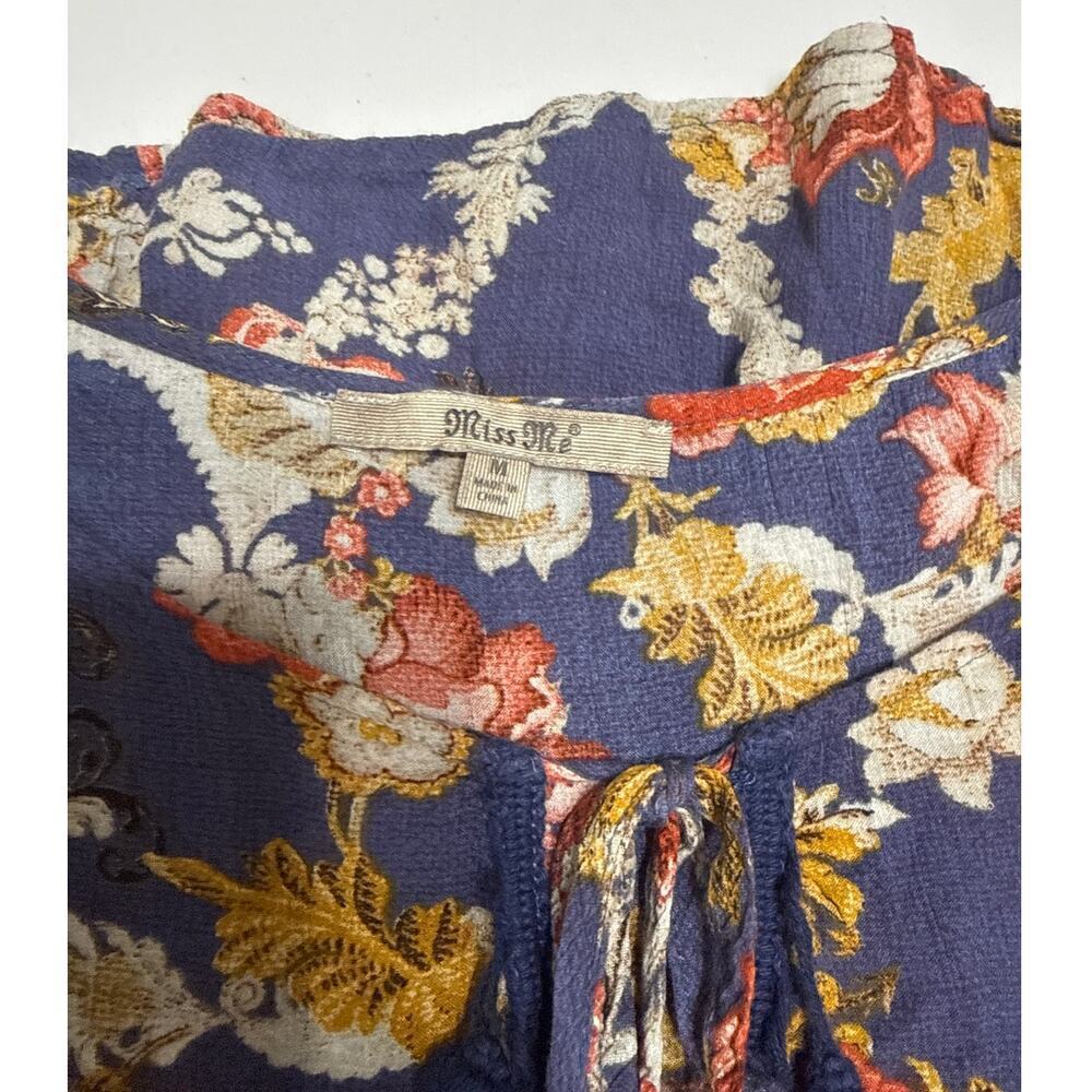 Miss Me Boho Floral Peasant Blouse Multi Tie Neck Tassel Sleeve Top Womens Med - Picture 7 of 11